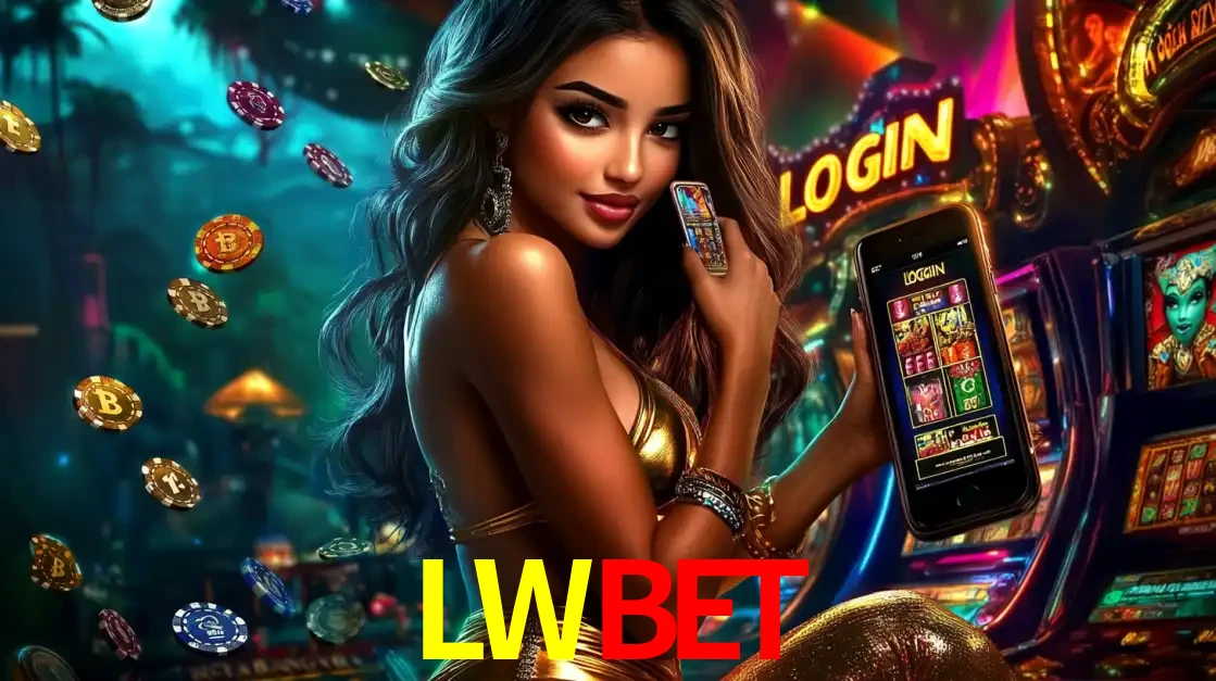 Mulher em um cenário de cassino temático de aventura, mostrando o app de caça-níqueis da LWBET no celular. Fichas de apostas flutuam ao redor.