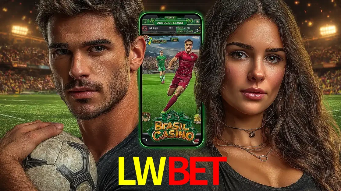 Homem segurando uma bola de futebol e uma mulher ao lado de um smartphone exibindo o jogo de apostas esportivas da LWBET. Faça seu palpite no cassino online.